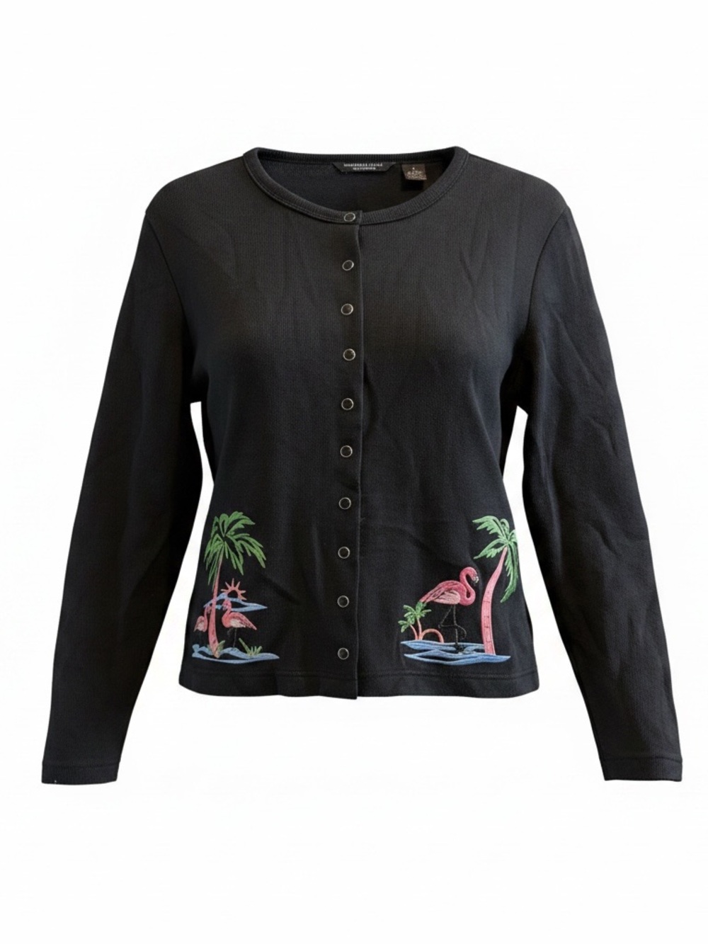 Black Embroidered Flamingo Button-Front Cardigan